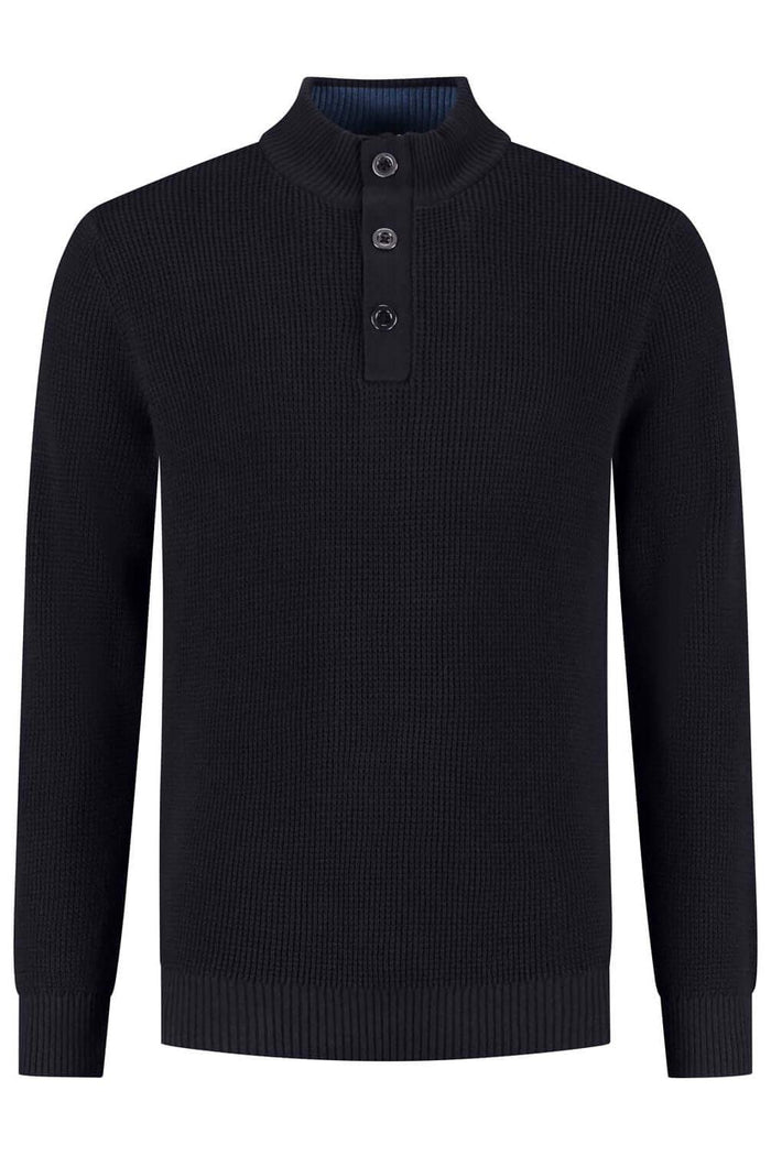 Half zip-knopen structuur navy trui met knoopsluiting en opstaande kraag in donkerblauw.