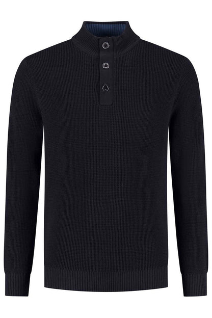 Half zip-knopen structuur navy trui met knoopsluiting en opstaande kraag in donkerblauw.