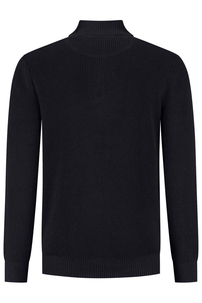 Half zip-knopen structuur navy, achterkant van de katoenen trui met opstaande kraag in donkerblauw.