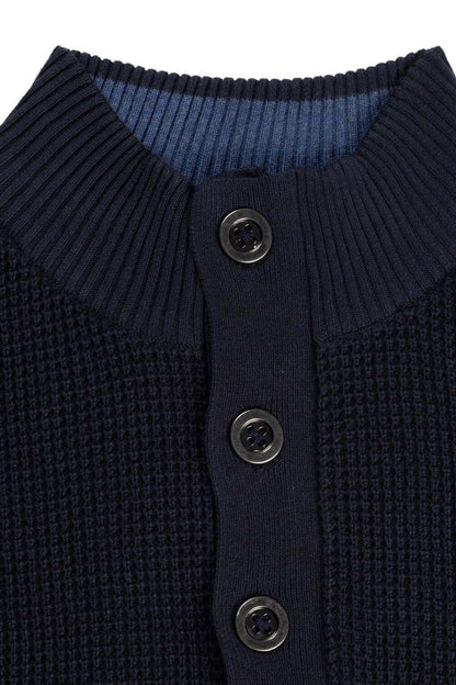 Half zip-knopen structuur navy trui met knoopsluiting en opstaande kraag in donkerblauw.