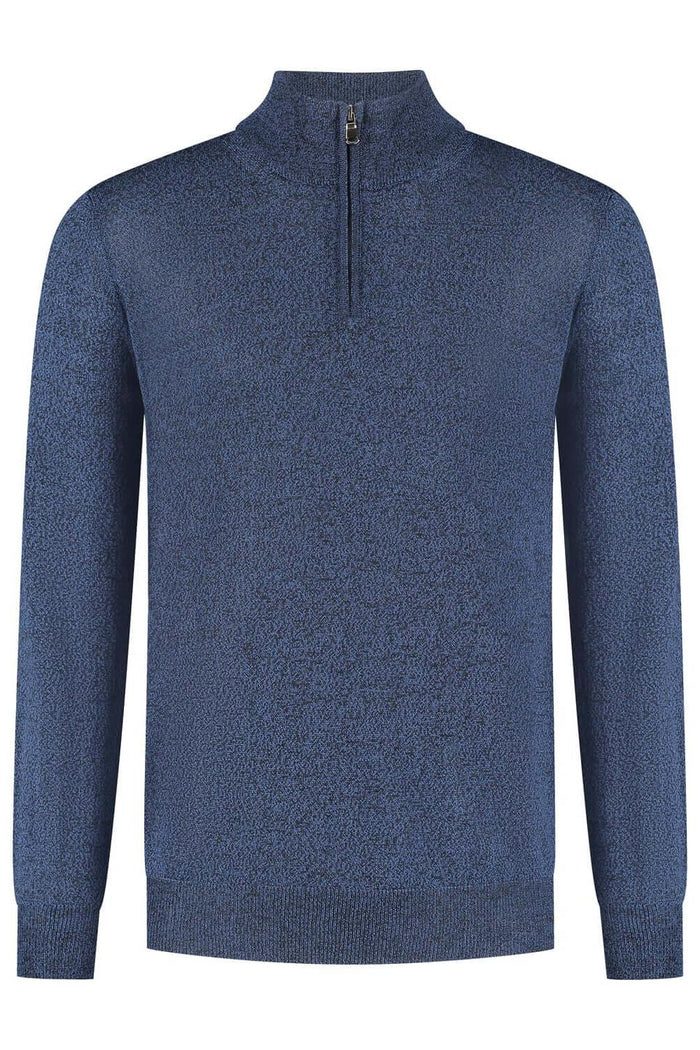 Halfzip merinoblend blauw melange, ademend en temperatuurregulerend, ideaal voor een comfortabele look.