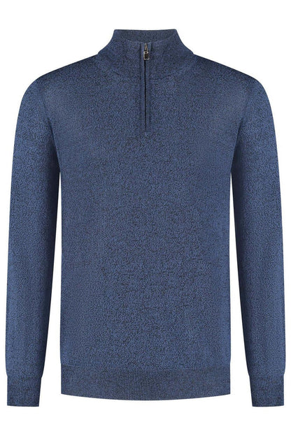 Halfzip merinoblend blauw melange, ademend en temperatuurregulerend, ideaal voor een comfortabele look.