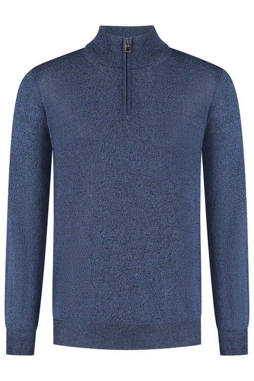 Halfzip merinoblend blauw melange, ademend en temperatuurregulerend, ideaal voor een comfortabele look.