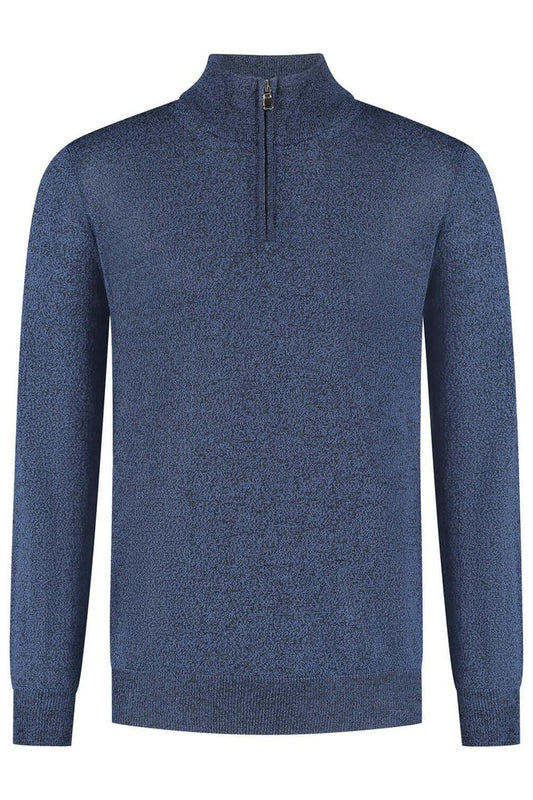 Halfzip merinoblend blauw melange, ademend en temperatuurregulerend, ideaal voor een comfortabele look.