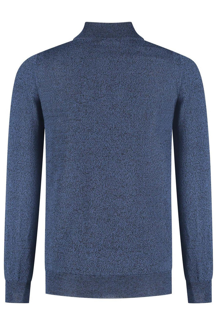 Halfzip merinoblend blauw melange, ademend en temperatuurregulerend, achterzijde van het product.