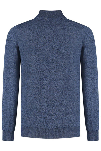 Halfzip merinoblend blauw melange, ademend en temperatuurregulerend, achterzijde van het product.