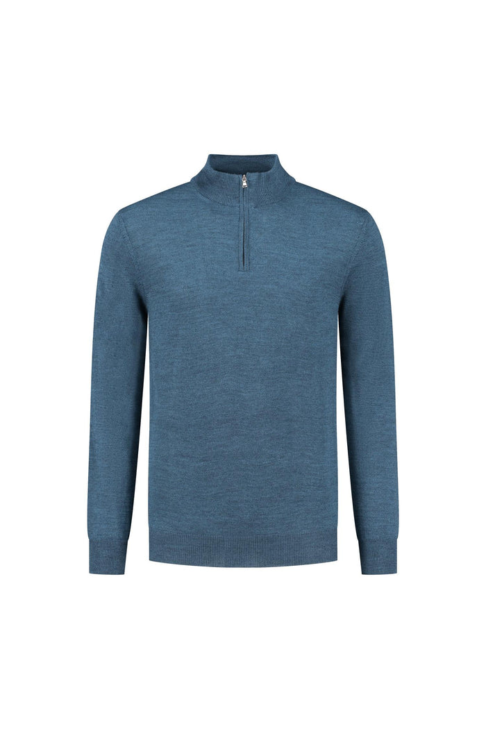 Halfzip merinoblend blauw