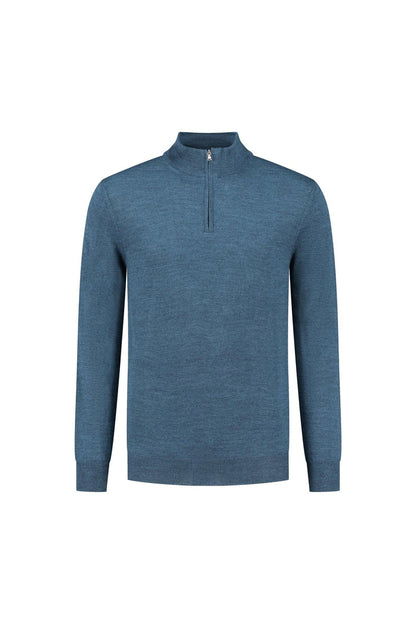 Halfzip merinoblend blauw