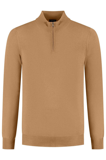 Halfzip merinoblend camel - strakke camel halfzip met ademend comfort en structuur.