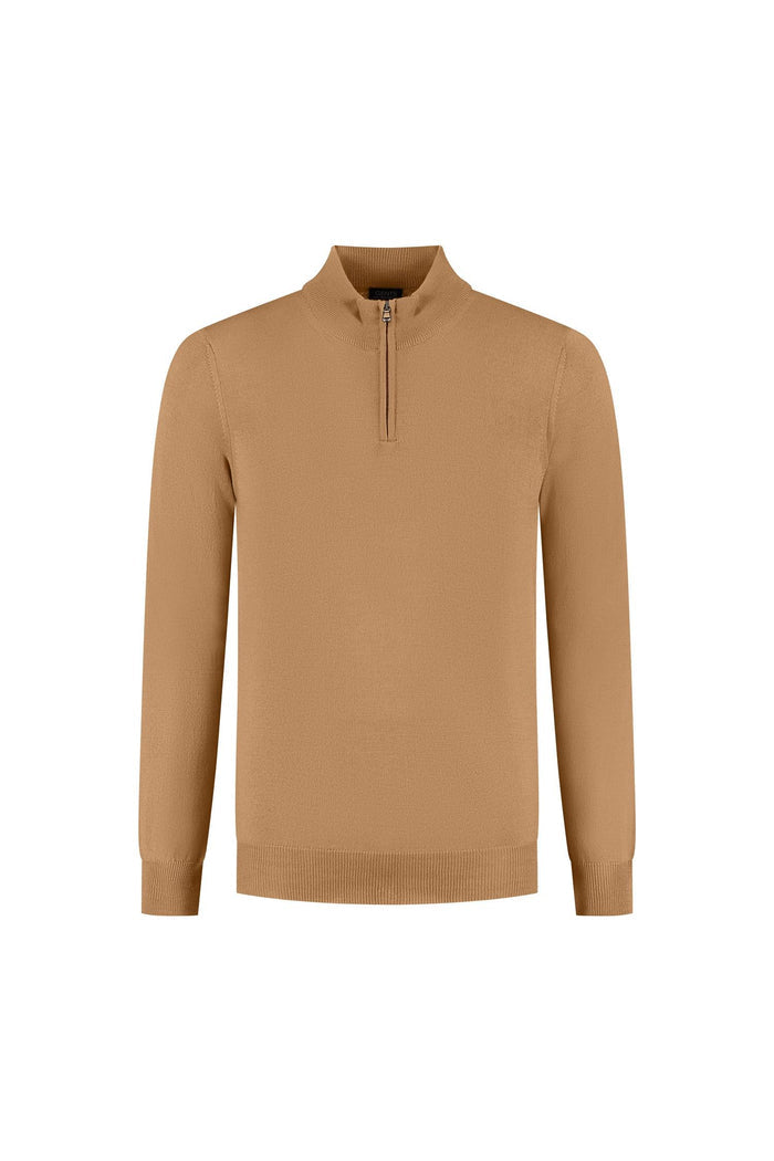 Halfzip merinoblend camel: Strakke camel halfzip met ademend comfort en structuur.