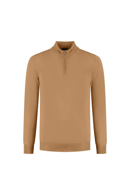 Halfzip merinoblend camel: Strakke camel halfzip met ademend comfort en structuur.