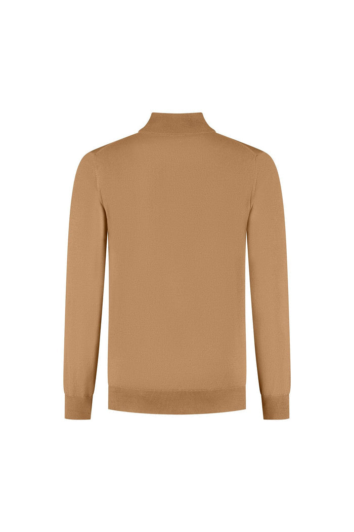 Halfzip merinoblend camel - strakke camel halfzip met ademend comfort en structuur, achterzijde weergave.