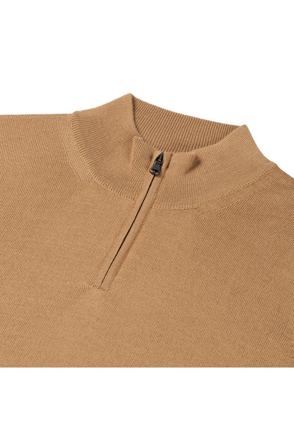 Halfzip merinoblend camel, strakke camel halfzip met ademend comfort en structuur, top view.