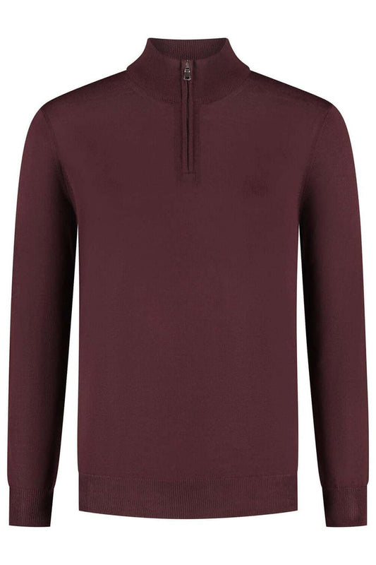Halfzip merinoblend donker-bordeaux halfzip trui in warme, veelzijdige laagjesstijl.