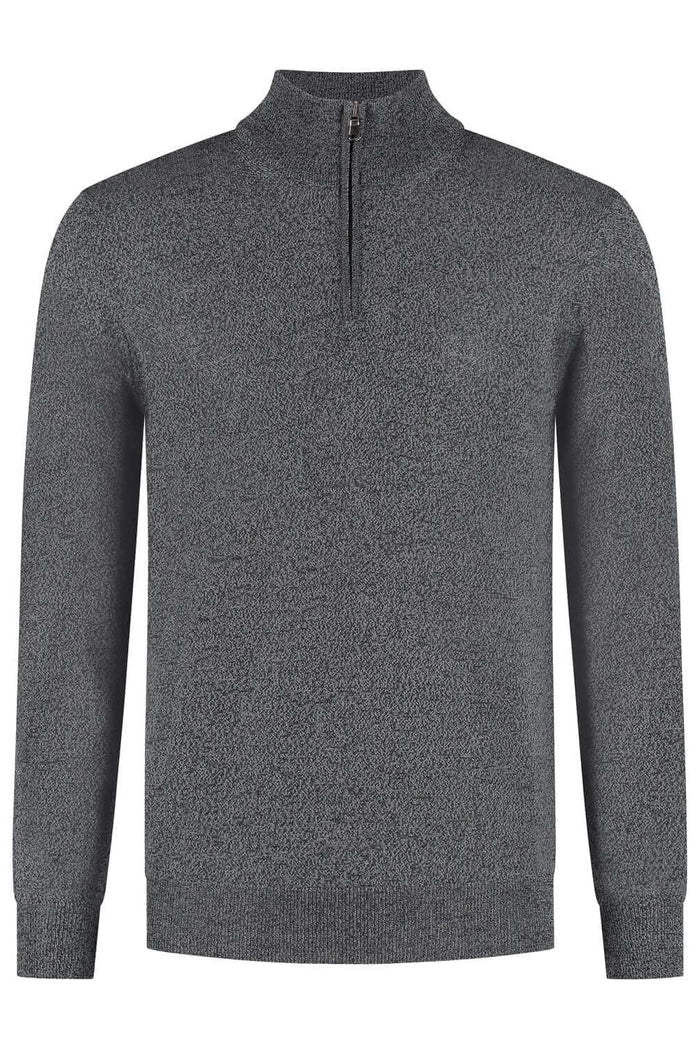 Halfzip merinoblend grijs melange met opstaande kraag en korte rits in grijze kleur.