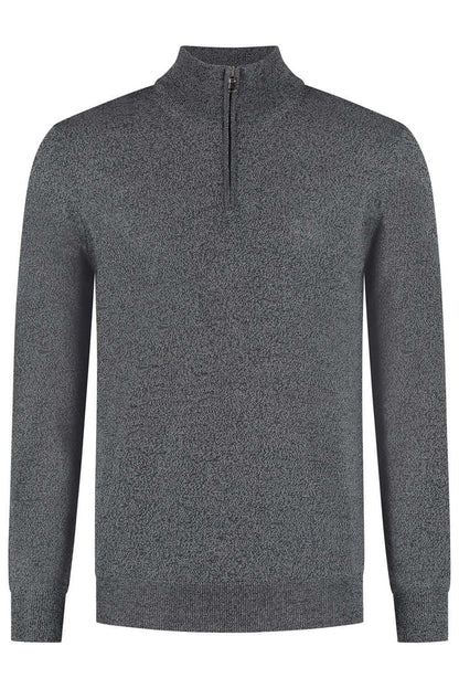 Halfzip merinoblend grijs melange met opstaande kraag en korte rits in grijze kleur.