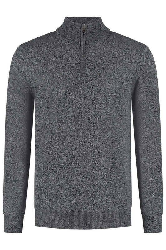 Halfzip merinoblend grijs melange met opstaande kraag en korte rits in grijze kleur.