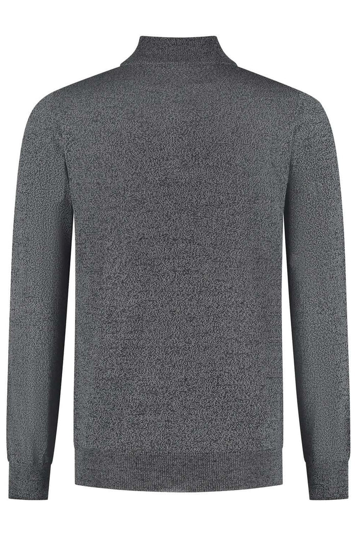 Halfzip merinoblend grijs melange, achterzijde van de grijze halfzip met opstaande kraag en korte rits.