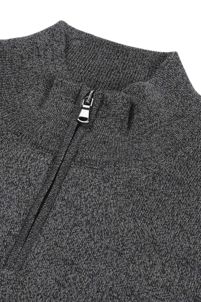 Halfzip merinoblend grijs melange met opstaande kraag en korte rits.