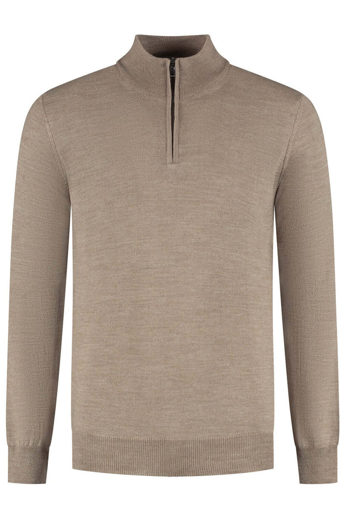 Halfzip merinoblend grijsbruin sweater with a zipper, perfect for casual and stylish outfits.