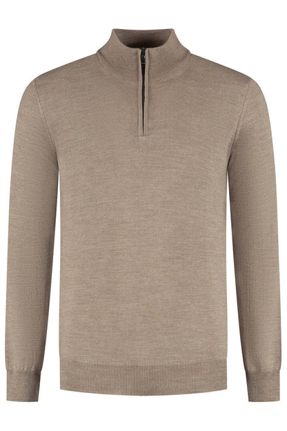 Halfzip merinoblend grijsbruin sweater with a zipper, perfect for casual and stylish outfits.