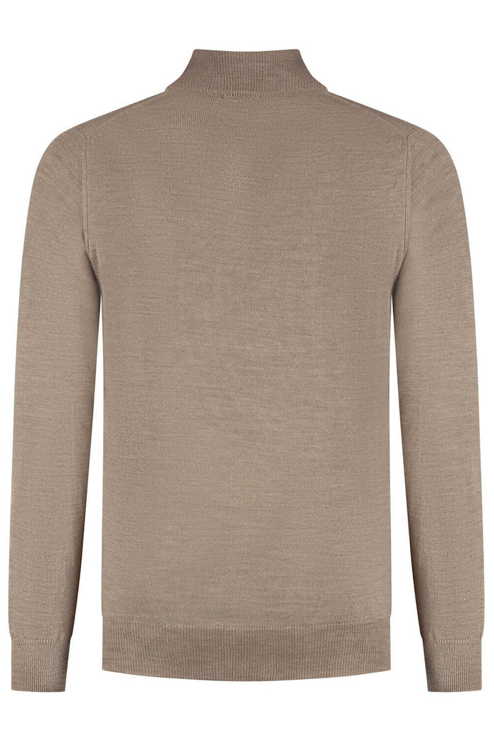 Halfzip merinoblend grijsbruin - achteraanzicht van een grijsbruin gebreide trui.
