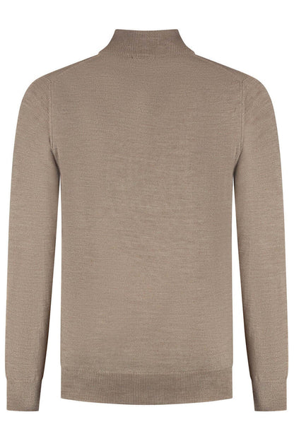 Halfzip merinoblend grijsbruin - achteraanzicht van een grijsbruin gebreide trui.