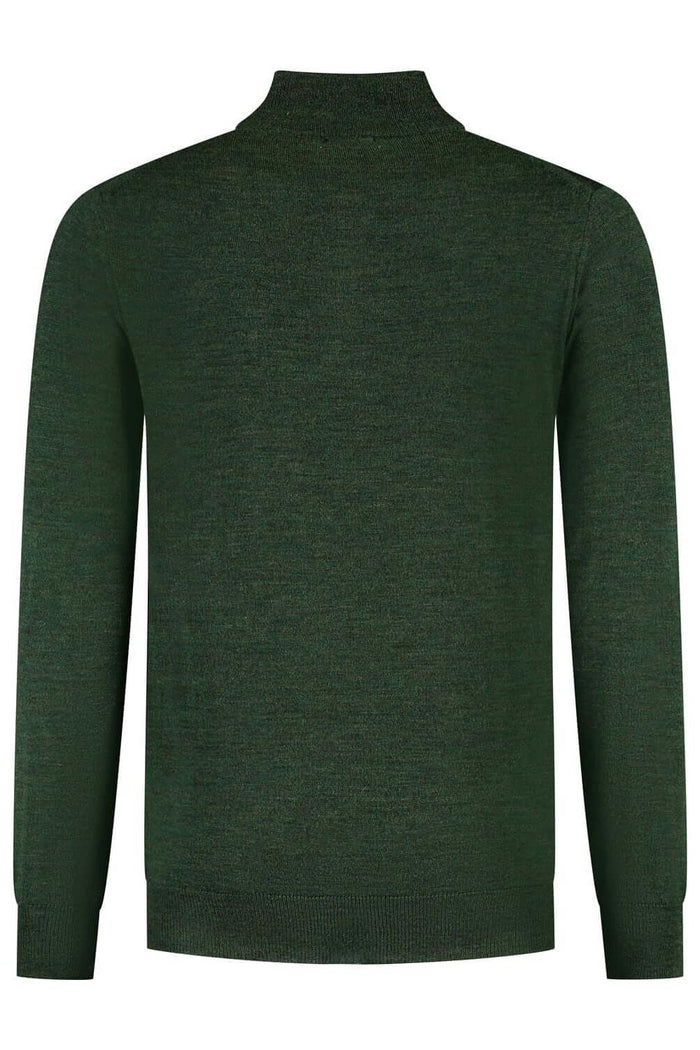 A green halfzip merinoblend groen sweater showcasing its back design and texture.