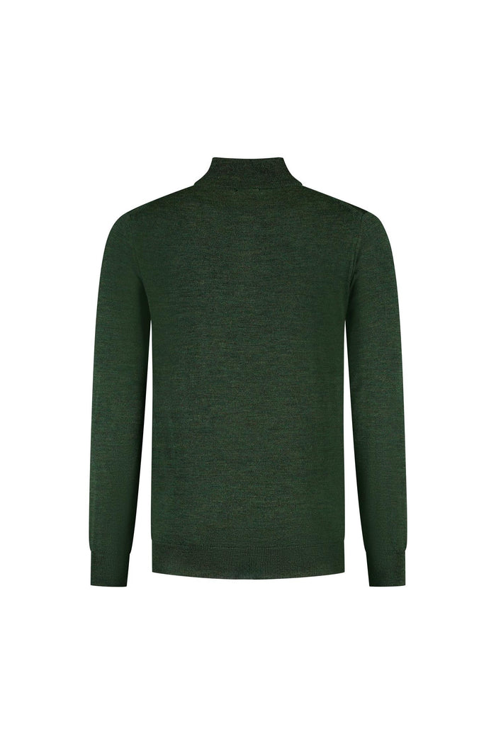 Halfzip merinoblend groen, ademend en onderhoudsvriendelijk, achterkant van het kledingstuk.