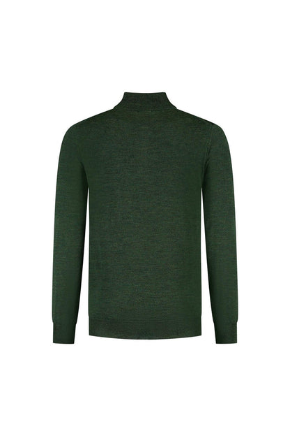 Halfzip merinoblend groen, ademend en onderhoudsvriendelijk, achterkant van het kledingstuk.