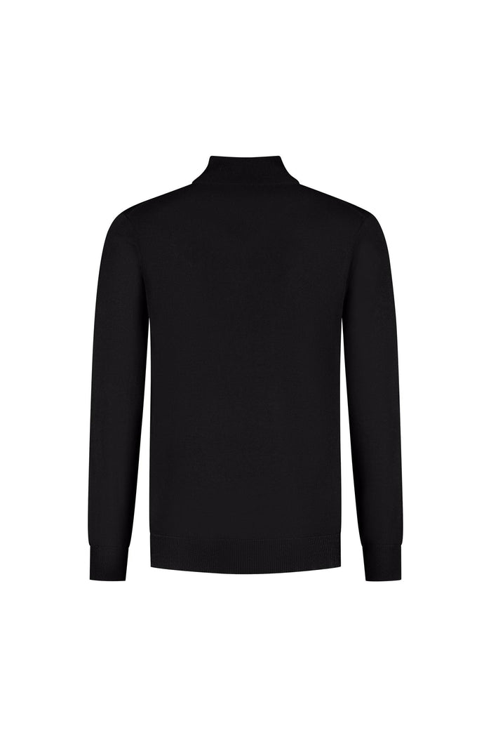 Halfzip merinoblend zwart achterkant, ademend en stijlvol met merinowolmix, perfect voor elke gelegenheid.