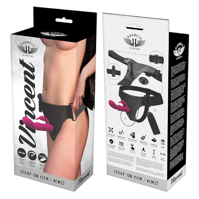 Ham Strap - On HARNESS ATTRACTION - VINCENT, cu dubla penetrare, cu vibrator rabbit, 4 cm si 15 cm