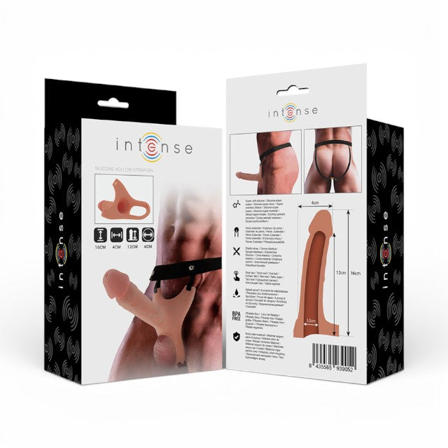 Ham Strap-On INTENSE Hollow Harness, cu dildo din silicon, design realist, ham elastic, dildo culoarea pielii, 16 cm