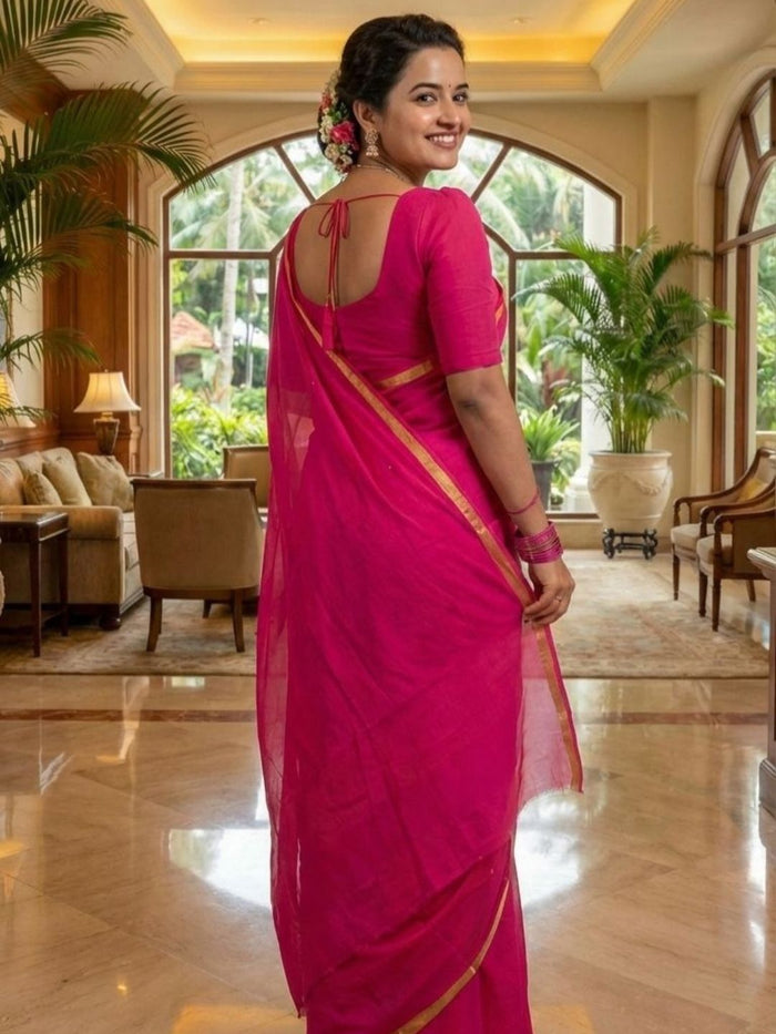 Indiehaat | Pure Mul Cotton Zari Border Saree Pink