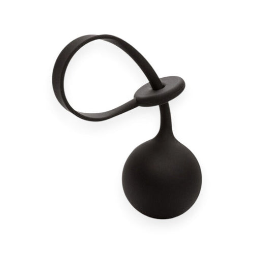 Inel cu greutate pentru penis CALEXOTICS Weighted Lasso Ring, din silicon, cu bilă de 110 grame, mărime ajustabilă, negru