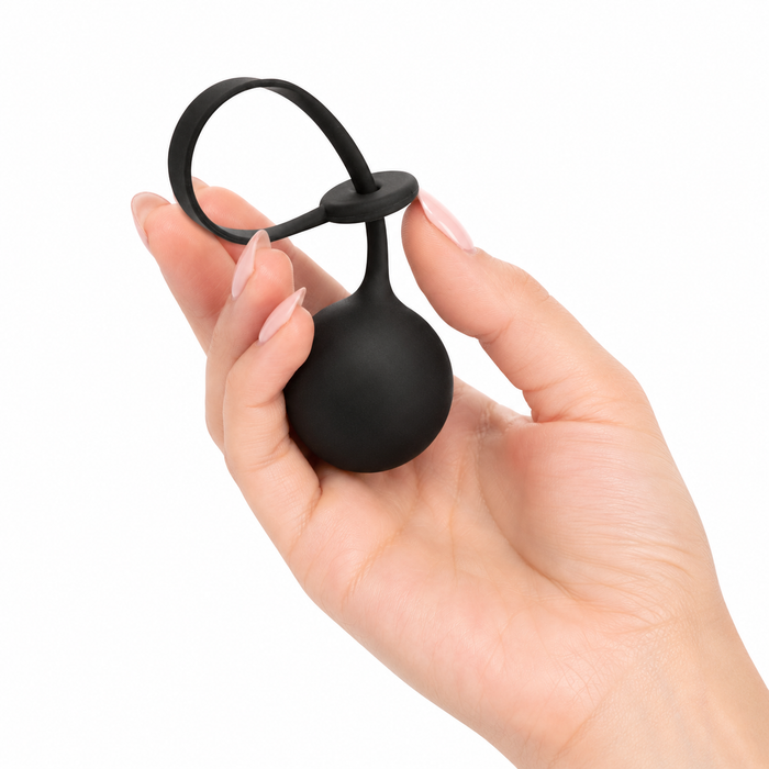Inel cu greutate pentru penis CALEXOTICS Weighted Lasso Ring, din silicon, cu bilă de 110 grame, mărime ajustabilă, negru