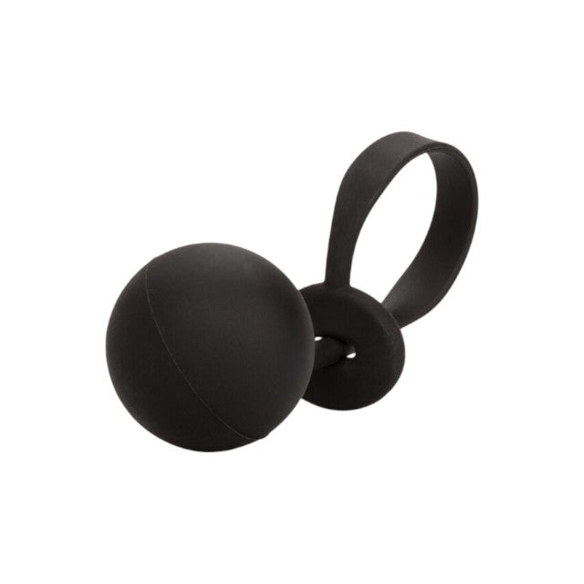 Inel cu greutate pentru penis CALEXOTICS Weighted Lasso Ring, din silicon, cu bilă de 110 grame, mărime ajustabilă, negru