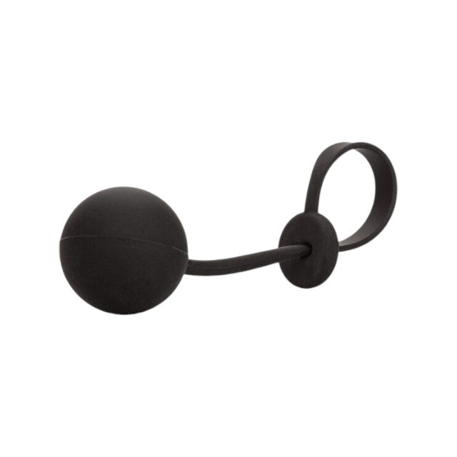 Inel cu greutate pentru penis CALEXOTICS Weighted Lasso Ring, din silicon, cu bilă de 110 grame, mărime ajustabilă, negru