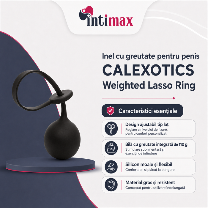 Inel cu greutate pentru penis CALEXOTICS Weighted Lasso Ring, din silicon, cu bilă de 110 grame, mărime ajustabilă, negru
