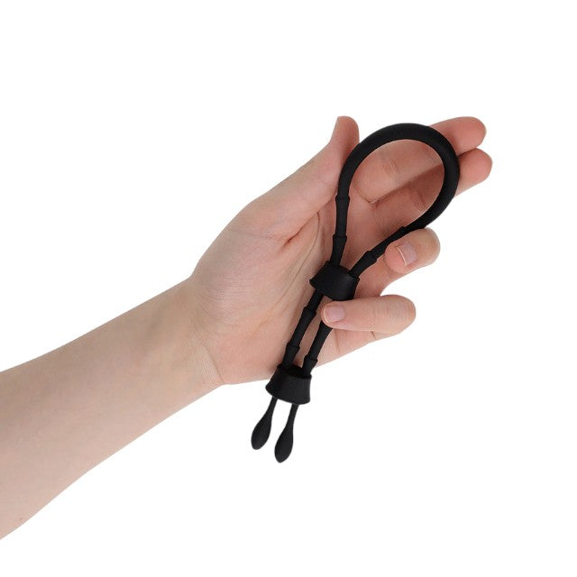 Inel dublu pentru penis ADDICTED TOYS Adjustable Cock Tie, din silicon flexibil și ajustabil, negru