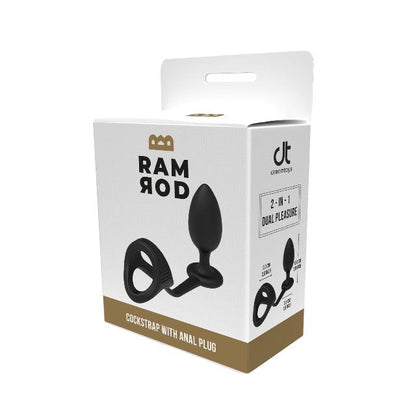 Inel dublu pentru penis cu plug anal DREAMTOYS RAMROD 2-In-1 Dual Pleasure, lungime 10 cm, din silicon, negru