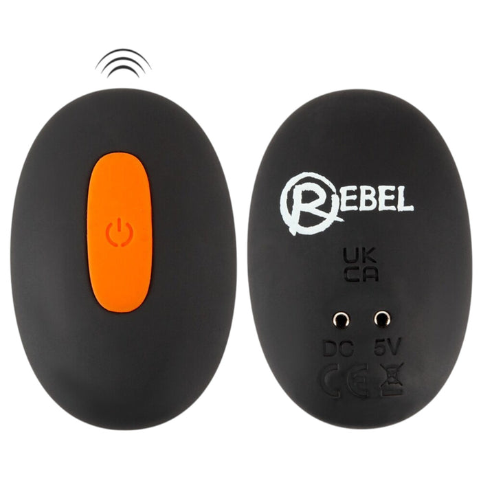 Inel dublu pentru penis REBEL Scrotum Stimulator, control prin telecomandă, 10 funcții de vibrație, negru cu portocaliu