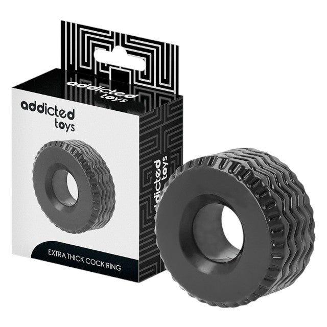 Inel pentru penis ADDICTED TOYS Extra Thick Cock Ring, design în formă de anvelopă, diametru 2.8 cm, negru
