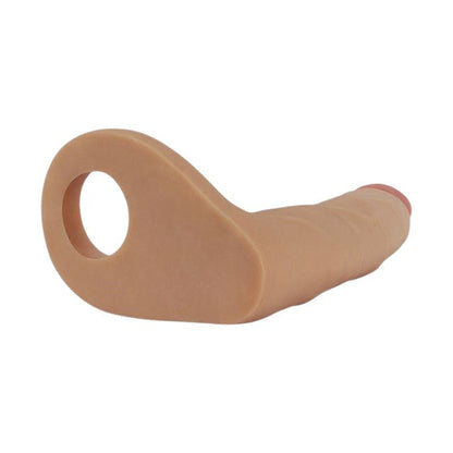 Inel pentru penis cu dildo LOVETOY Ultra Soft Double, pentru dublă penetrare, lungime 17.8 cm, culoarea pielii