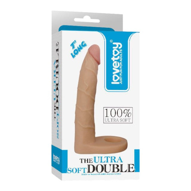 Inel pentru penis cu dildo LOVETOY Ultra Soft Double, pentru dublă penetrare, lungime 17.8 cm, culoarea pielii