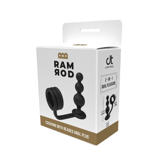 Inel pentru penis cu plug anal DREAMTOYS RAMROD 2-In-1 Dual Pleasure, lungime 11 cm, din silicon, negru