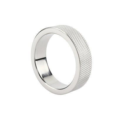 Inel pentru penis MR. STEEL CrissCross C-Ring, cu design geometric, din oțel inoxidabil, diametru 4.5 cm (mic), argintiu