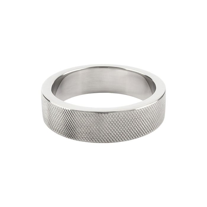 Inel pentru penis MR. STEEL CrissCross C-Ring, cu design geometric, din oțel inoxidabil, diametru 5 cm (mediu), argintiu