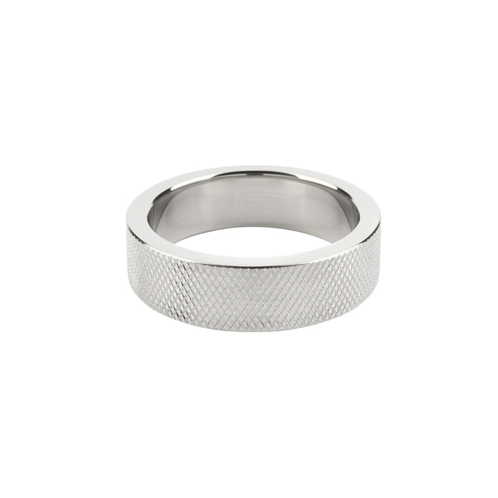 Inel pentru penis MR. STEEL CrissCross C-Ring, cu design geometric, din oțel inoxidabil, diametru 4.5 cm (mic), argintiu