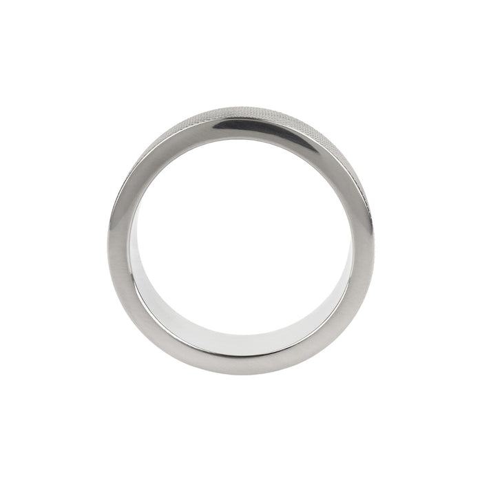 Inel pentru penis MR. STEEL CrissCross C-Ring, cu design geometric, din oțel inoxidabil, diametru 5 cm (mediu), argintiu